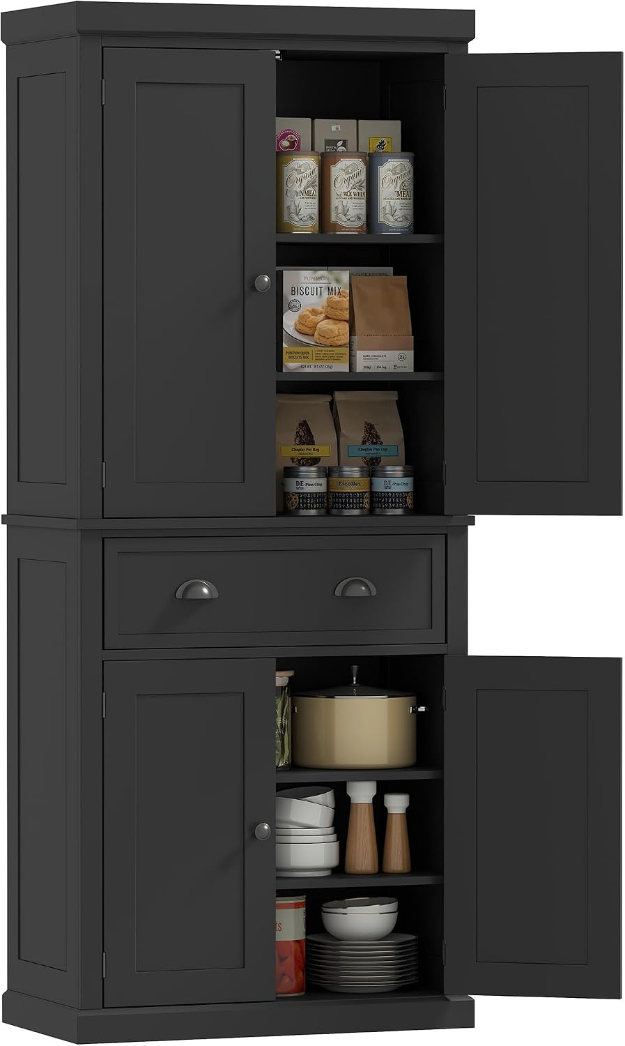 HOMCOM 72.5" Kitchen Pantry Cabinet Freestanding 4 Doors Black