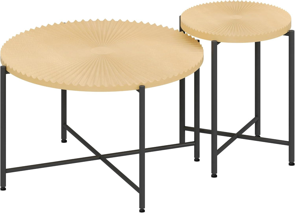 2-Piece Coffee and End Table Set, Round, Oak Natural | Distressed Cylindrical...