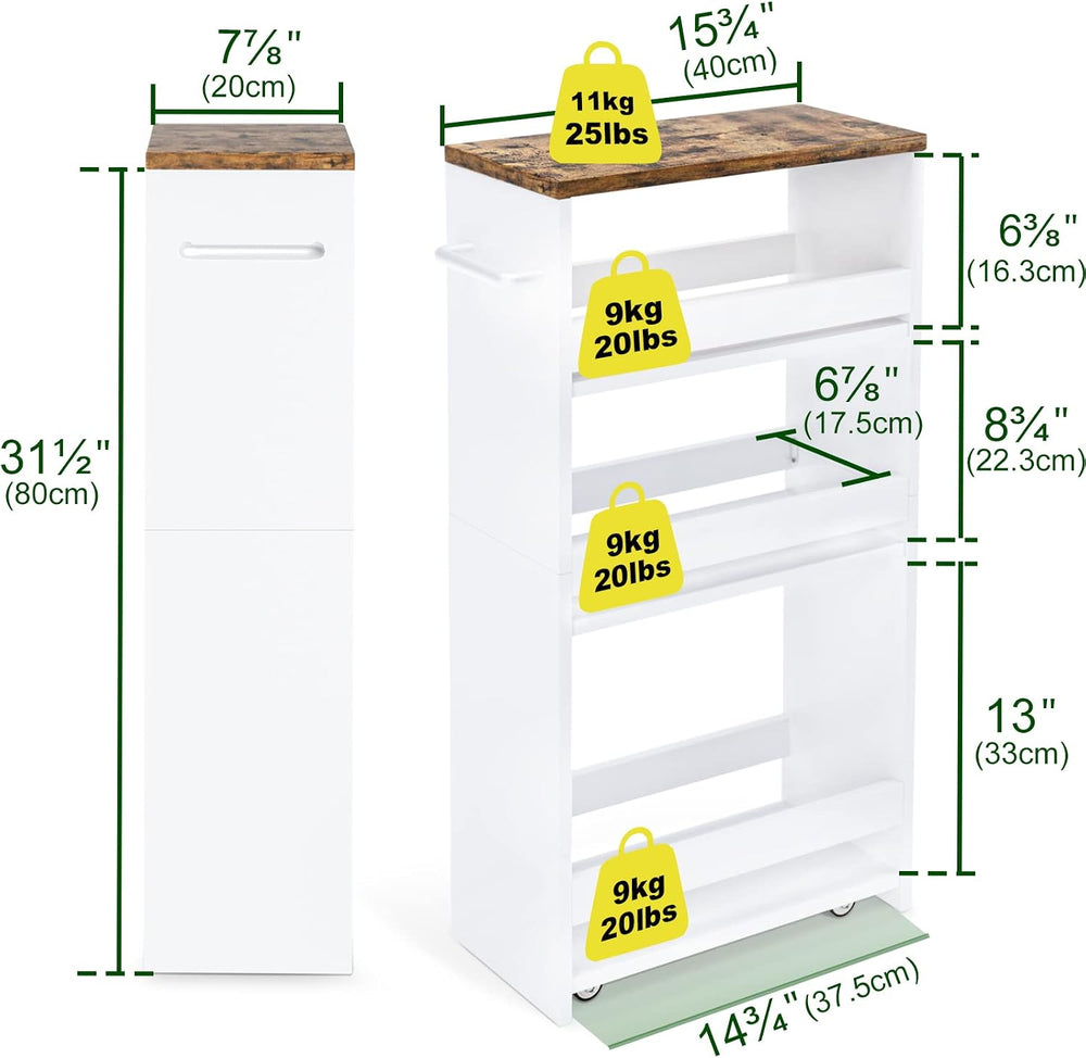 TEAMIX Slim Rolling Storage Cart, Wood 4-Tier Narrow Kitchen/Laundry Cart | 7...