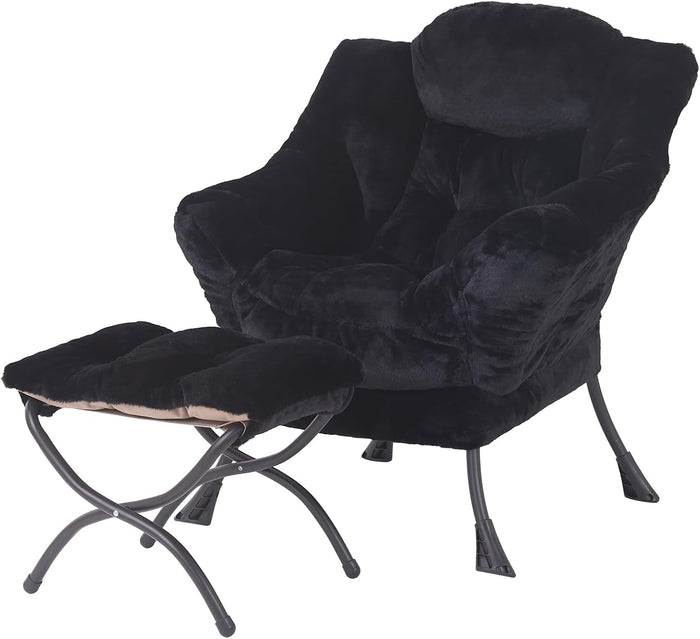 Welnow Lazy Chair with Ottoman, Reading Chair with Footrest, Jet Black