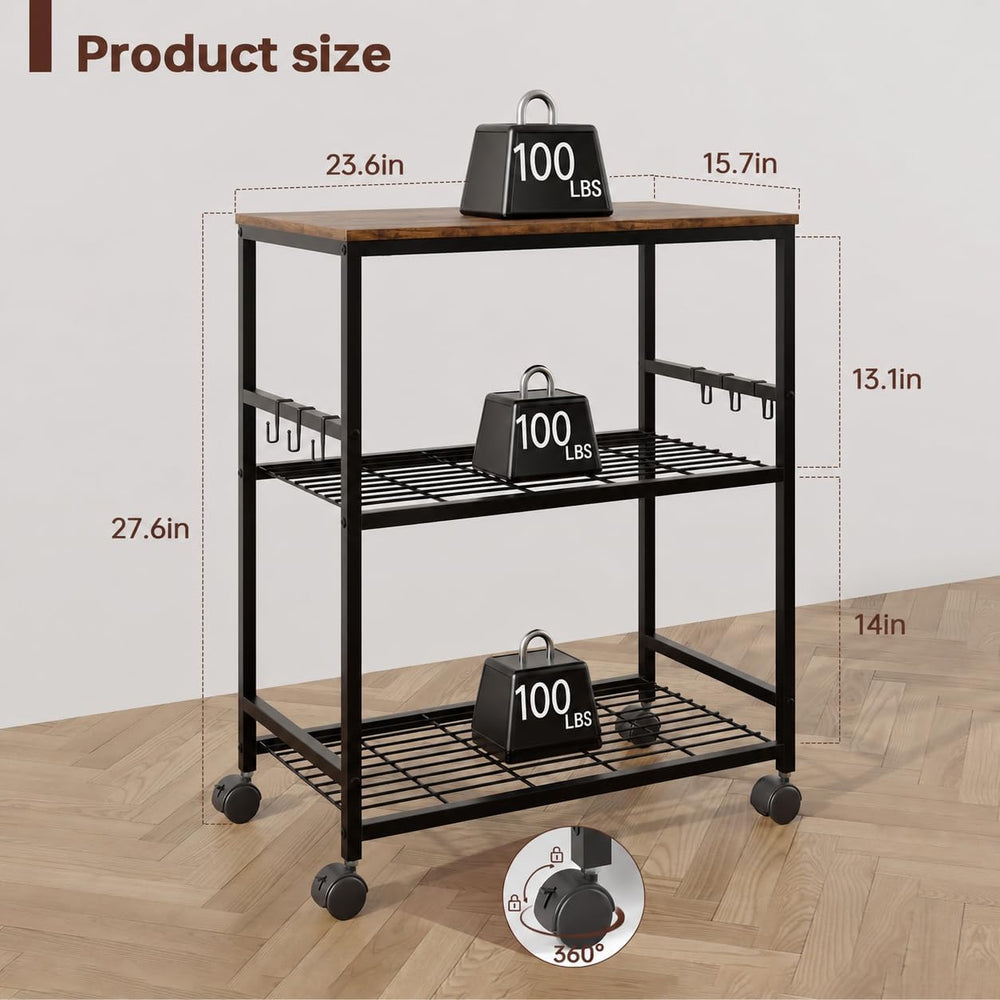 itchen Rolling Cart, 3-Tier Microwave Stand with Lockable Wheels, One-Piece S...