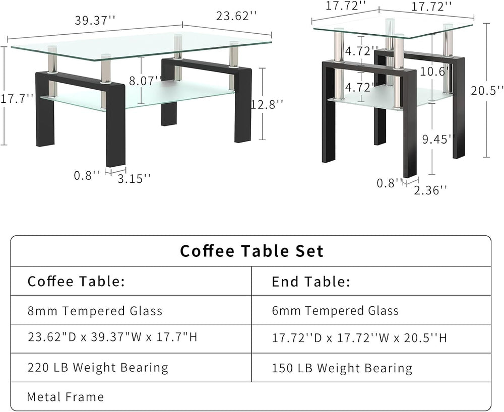ODUSE-DAILY Glass Coffee Table - Black Metal Frame Set of 3 Living Room Table...