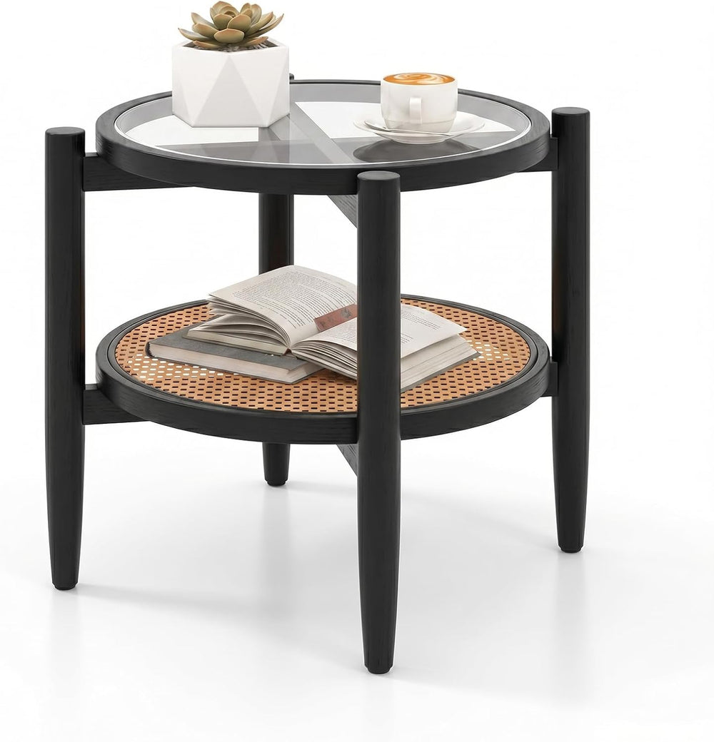 Giantex Rattan Round End Table, Boho Nightstand with Tempered Glass Top &...
