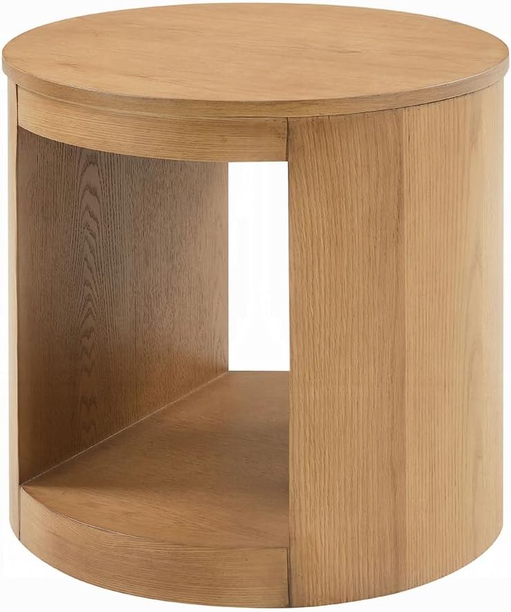 Benzara Sery Side End Table, 22 Inch Round Top with Open Lower Shelf, Oak Brown