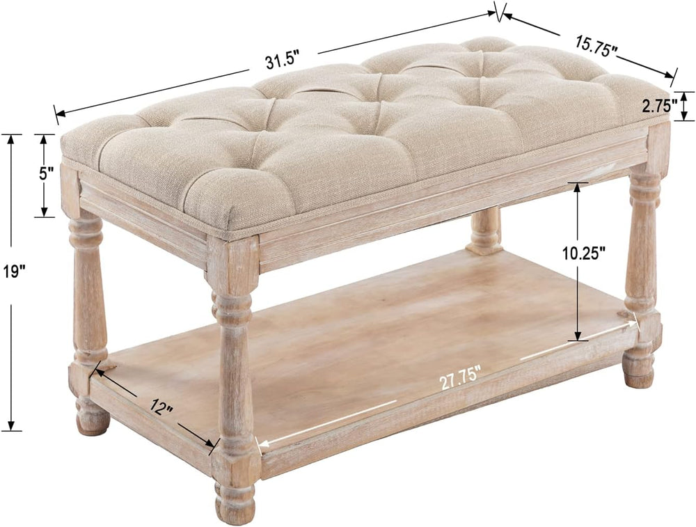 Farmhouse Storage Bench Wooden Entryway Linen Upholstered Ottoman Button Tuft...