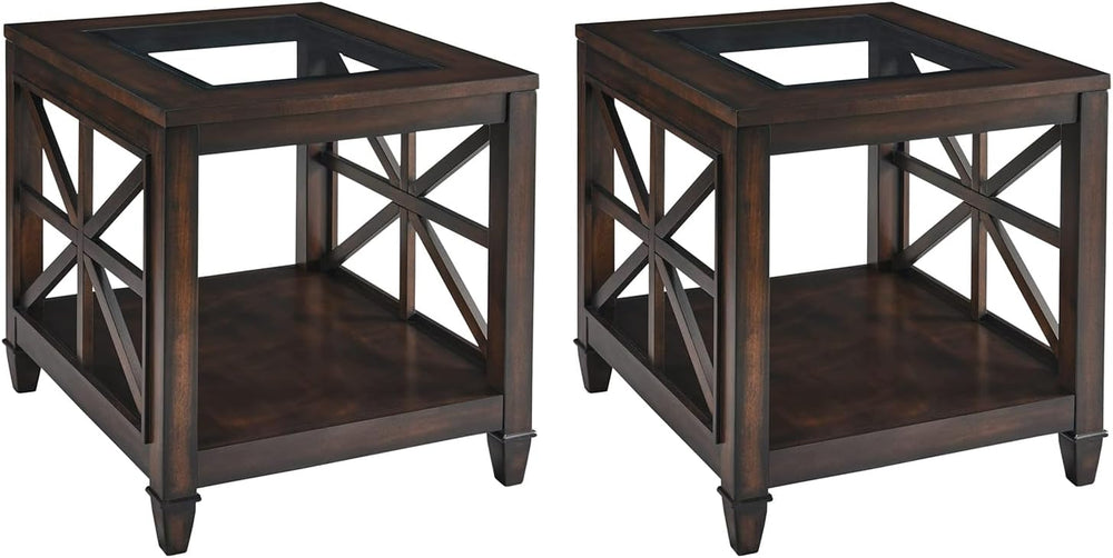 Set of 2 Large Solid Wood End Tables with Tempered Glass Top, 28" x 24&q...