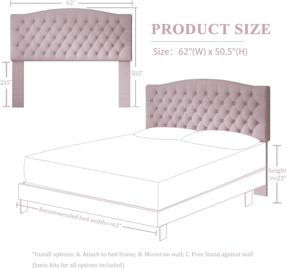 Furpopup Velvet Queen Size Headboard Only, Upholstered Wall Mount, Pink