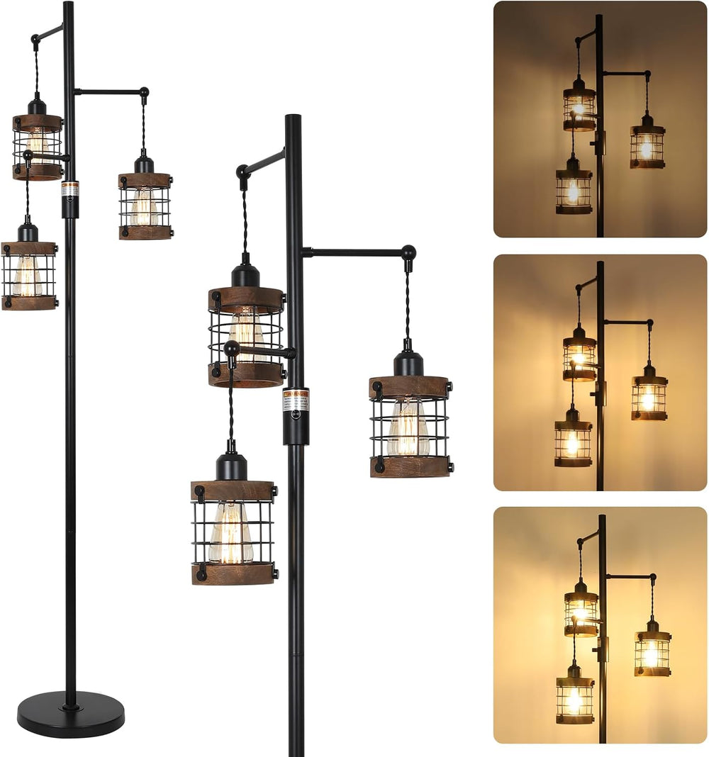 Dimmable Floor Lamps for Living Room, 3-Light Industrial Floor Lamp with Wood...