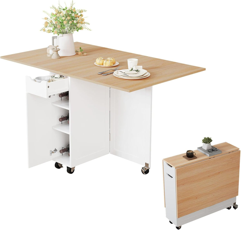 Folding Dining Table, Space Saving Kitchen Table with 6 Wheels(Light Brown)