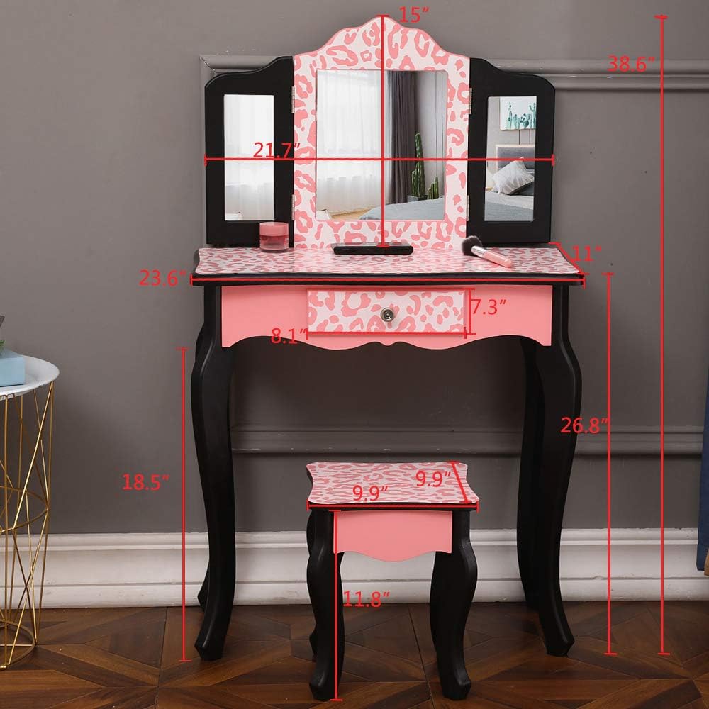 Vasitelan Vanity Table and Chair Set, Vanity Set with Mirror and Stool, Makeu...
