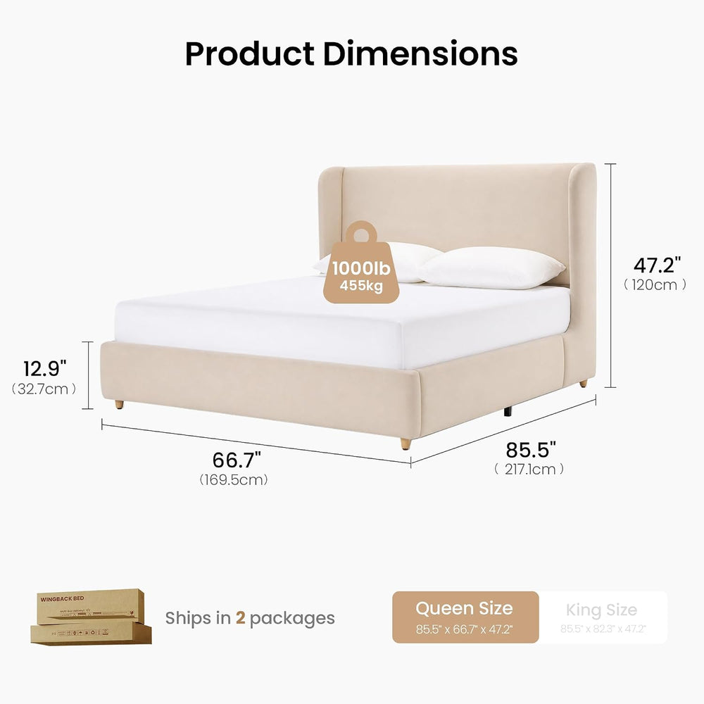 ModernMate Queen Upholstered Bed Frame, 47" Tall Wingback Headboard, Beige