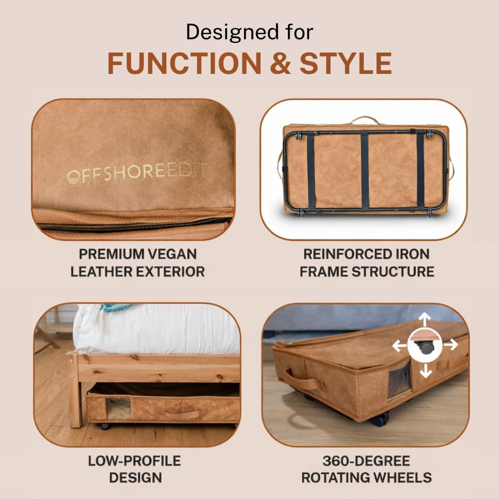 Premium Vegan Leather Under Bed Storage with Wheels | Low Profile Rolling Sto...