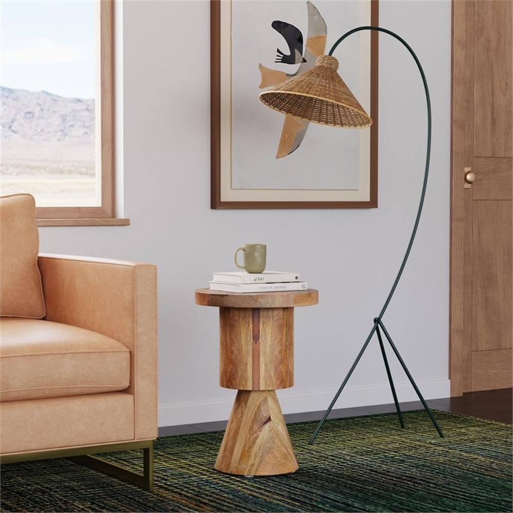 Beaumont Lane 15" Round Solid Mango Wood Side Table, Natural Brown Lacqu...