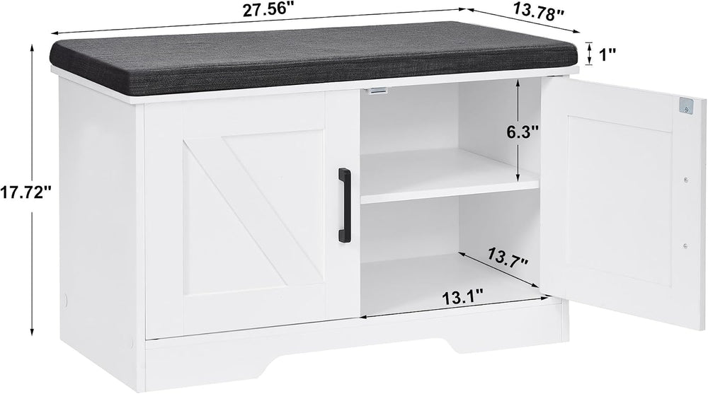 HOMSHO Farmhouse Shoe Storage Bench with 2 Barn Doors & Padded Seat Cushi...
