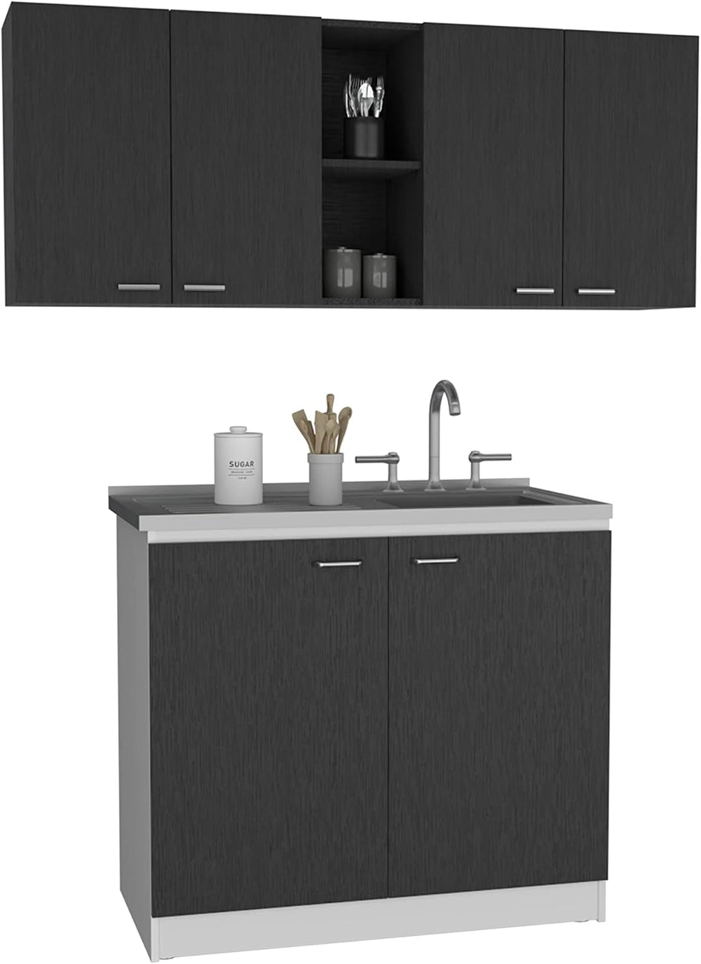 2-Piece Kitchen Set (Black/White) – 150cm Wall Cabinet + Utility Sink with Ca...