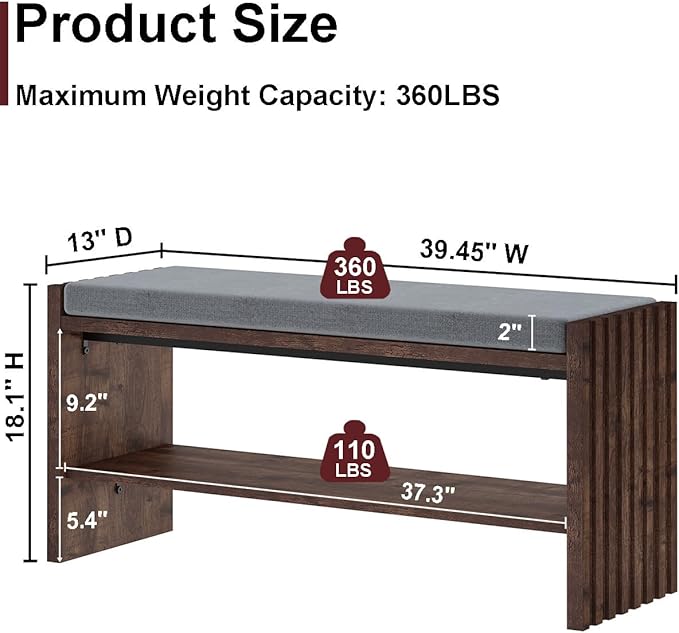 BON AUGURE Entryway Bench with Shoe Storage, 2-Tier Shoe Rack Bench with Cush...