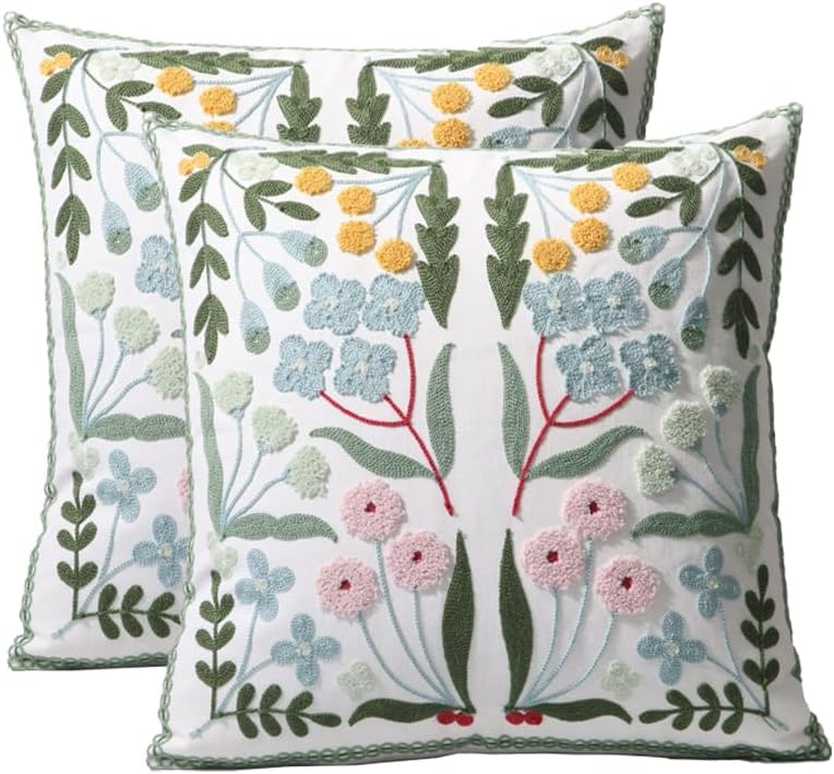Pack of 2 Embroidered Decorative Throw Pillow Cover 18x18 Inch Farmhouse Flor...