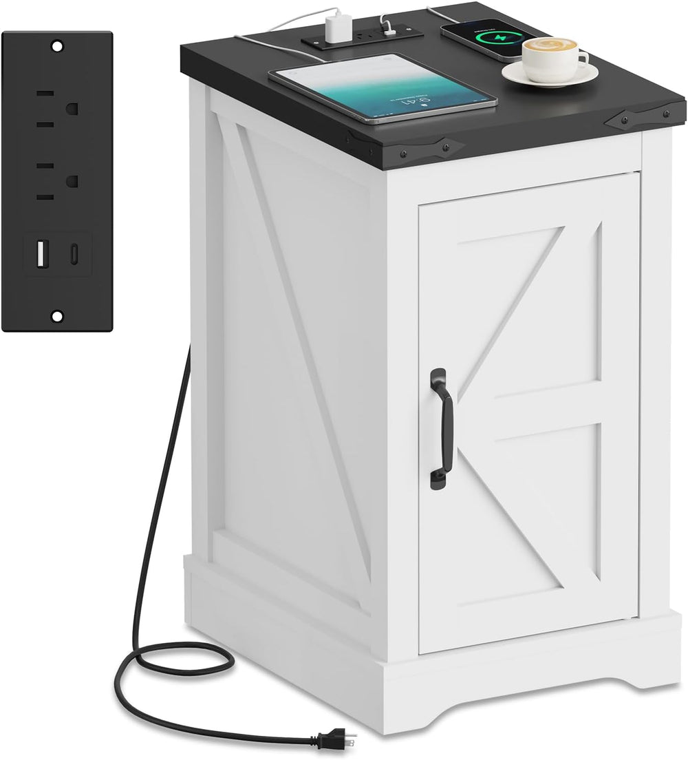 Farmhouse End Table with Charging Station & 2 USB-c Ports | Modern Bedsid...