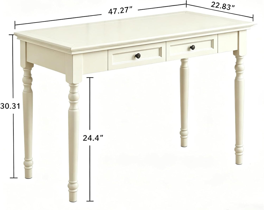 French Country Style Writing Desk with Drawers, White, 47''
