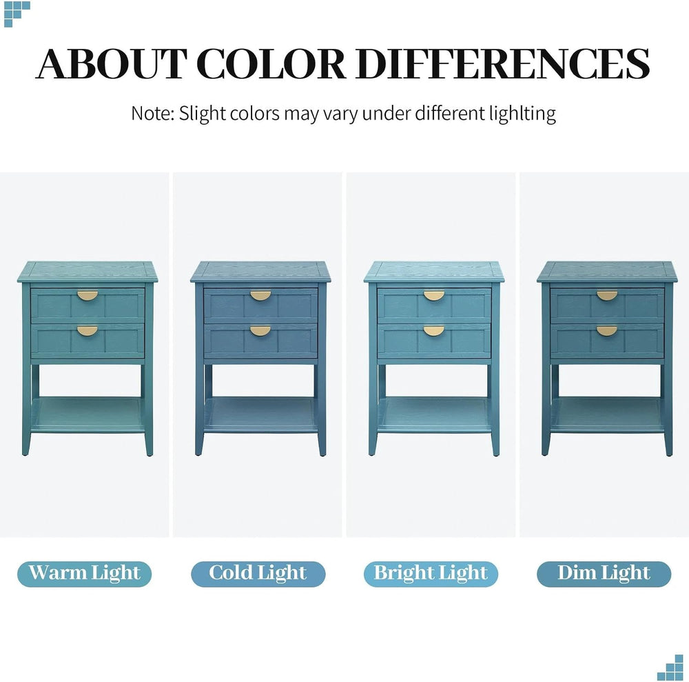 22" Blue Nightstand with 2 Storage Drawers Bedside Table with Open Shelf...