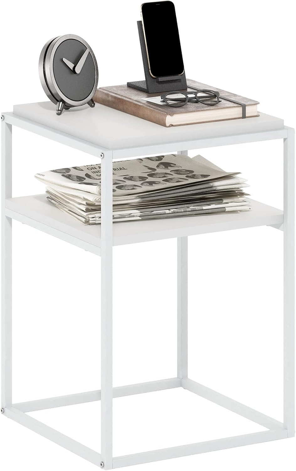 Furinno Moretti Side Table, 2-Tier Stackable Metal Frame End Table with Open ...