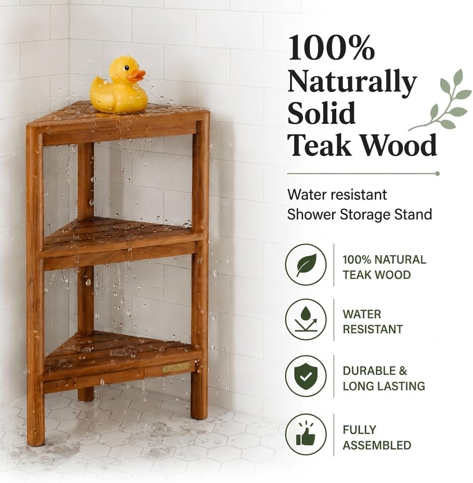 Fully Assembled Teak Corner Shower Shelf, Shower Caddy 26.5"