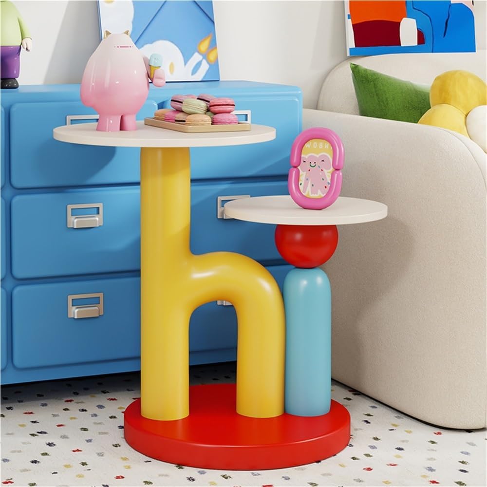Round End Table with Double-Layer Tabletop, Cute HI-Shape Side Table, Colorfu...