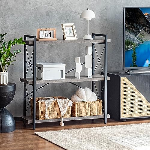HCHQHS Bookshelf, 3-Tier Industrial Bookcase, Rustic Open Book Shelf, Freesta...