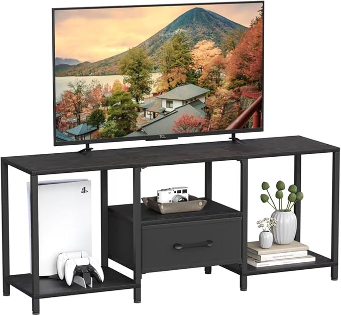 TV Stand with Fabric Drawer for 55 Inch TV, Entertainment Center with Open Sh...