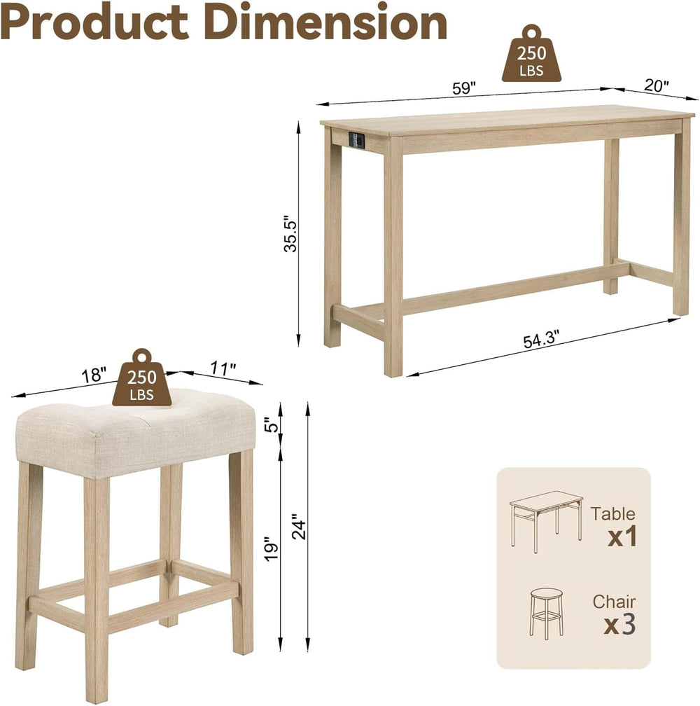 59" Counter Height Bar Table Set with Power Outlet, Industrial Breakfast...