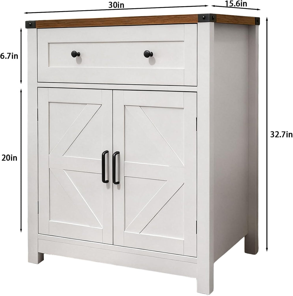 Farmhouse Barn Door Storage Cabinet with Drawer, White Wood Grain Coffee Bar ...