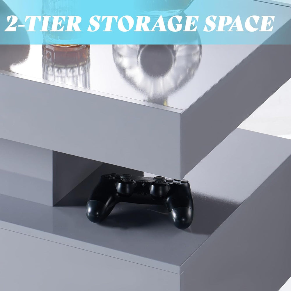 AMERLIFE 40" High Gloss LED Coffee Table with 2-Tier Storage