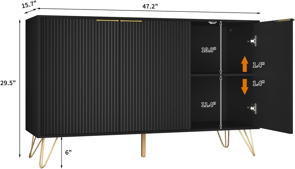 Storage Cabinet with 3 Doors, Metal Legs and Adjustable Shelf, Black丨Sideboar...