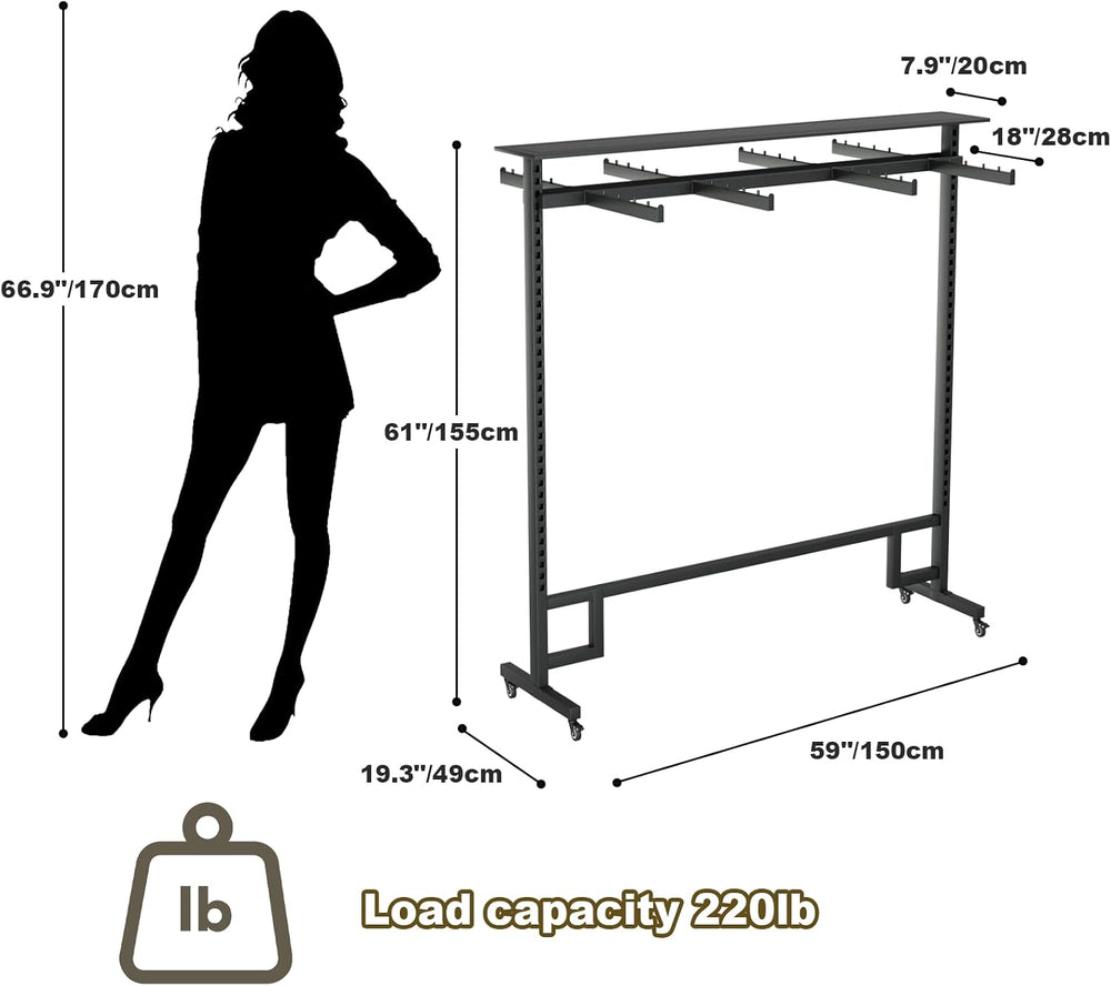 Retail Clothing Display Rack with Adjustable 8 Arms, on Wheels & Top Shelf