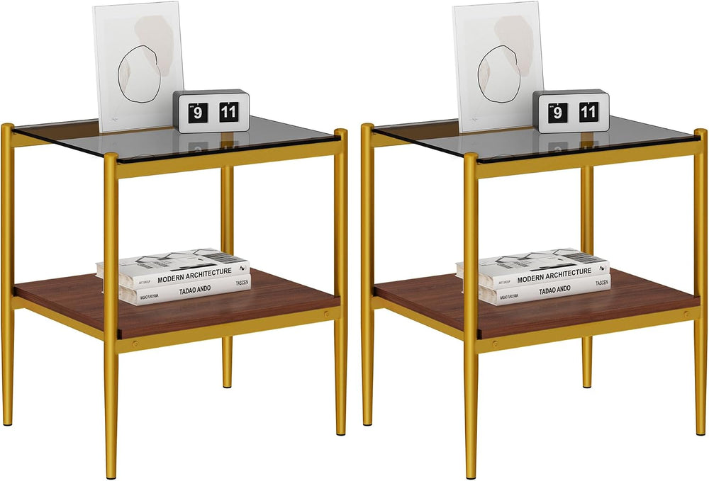 Set of 2 Rectangle End Tables, Gray Tempered Glass Top, Living Room | Sturdy ...