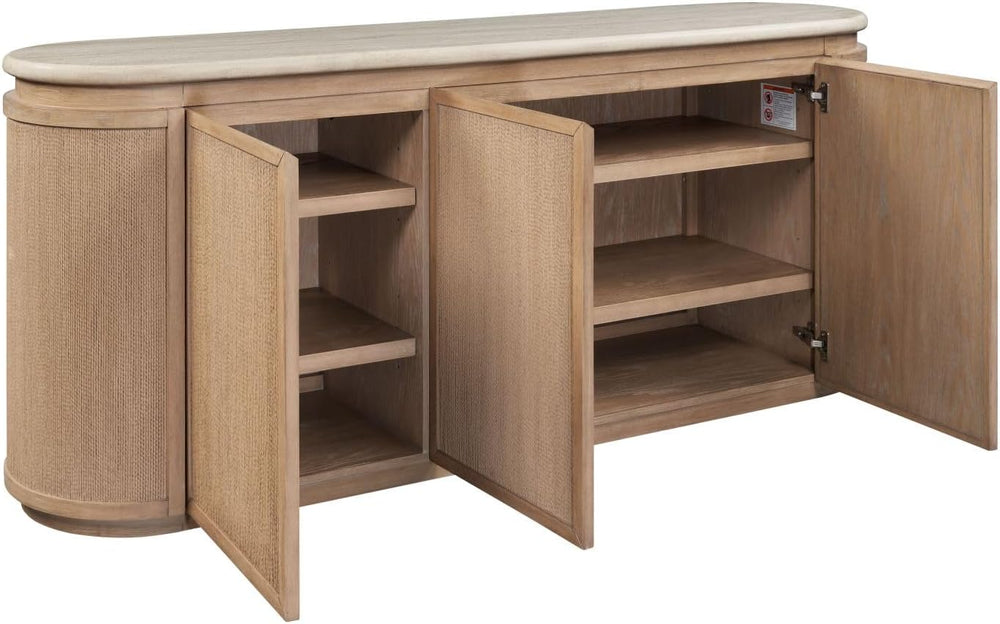 Stone Top and Rope Front Server with Beige, Solid Wood+MDF | Spacious storage...