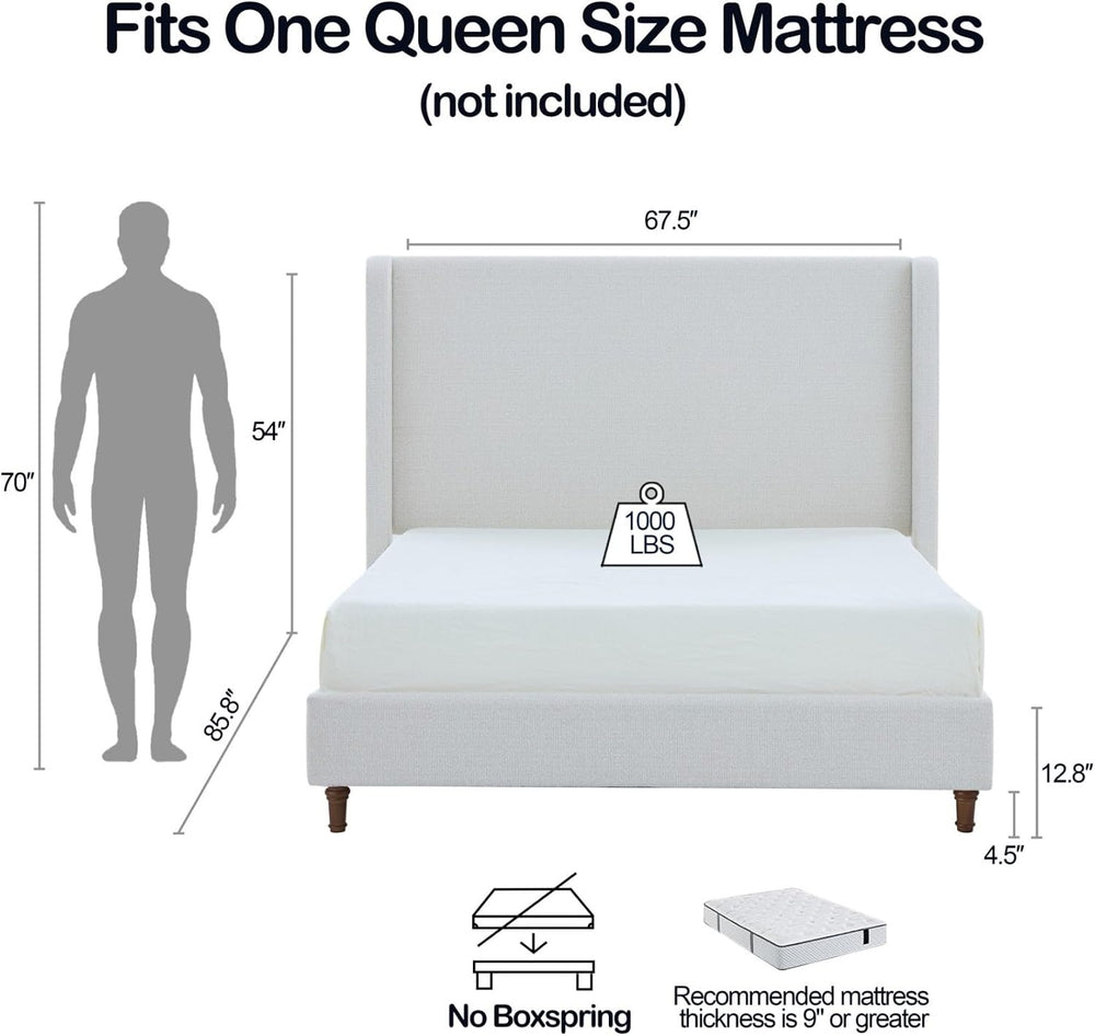 KEIKI Boucle Queen Size Bed Frame, 54" Tall Headboard Upholstered Platfo...