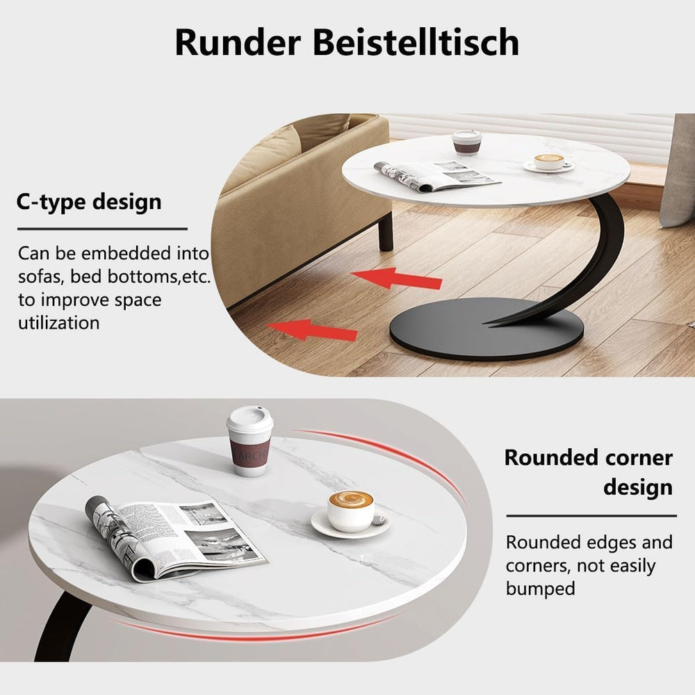 C-Shaped Side Table, Round End Table with Wooden Top & Metal Frame, Compa...