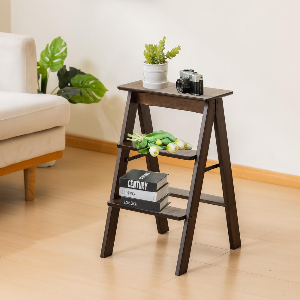 Latifolia Foldable 3 Step Ladder, Bamboo Step Stool with Floor Saver, Decorat...