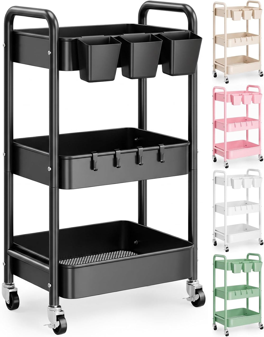 3 Tier Rolling Cart Metal with Wheels,Black Three Tiered Dorm Storage Carts