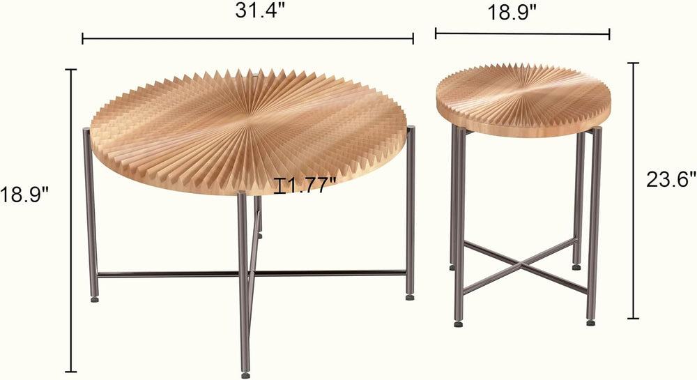 2-Piece Rustic Coffee Table and End Side Table Set, Radial Pattern Waterproof...