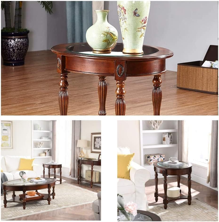 Traditional Solid Wood Oval End Table with Tempered Glass Top. Side Table for...