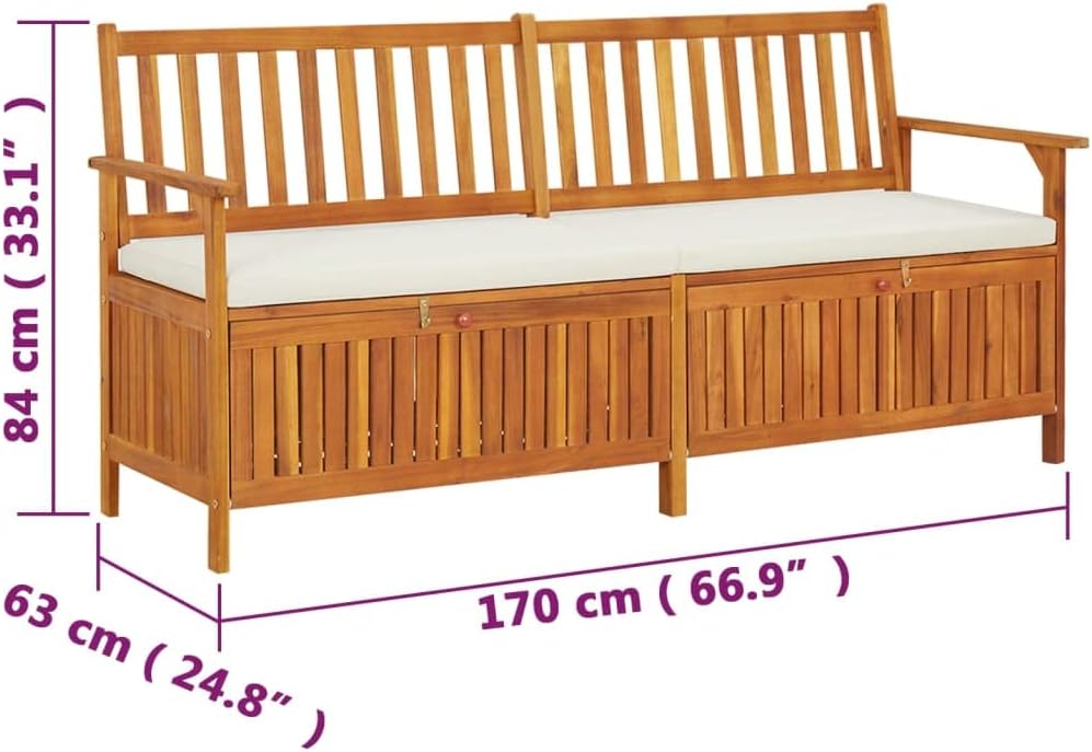 Outdoor Storage Bench with Cream Cushion, 67 Inch Acacia Wood Patio Entryway ...