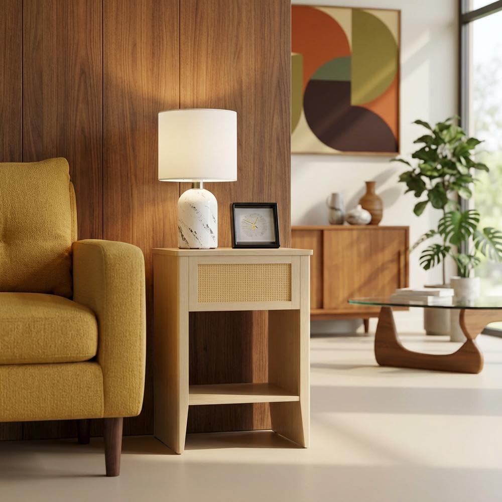 Furnifact Rattan Accent Side Table with Drawer Storage, Open Shelf, Modern De...