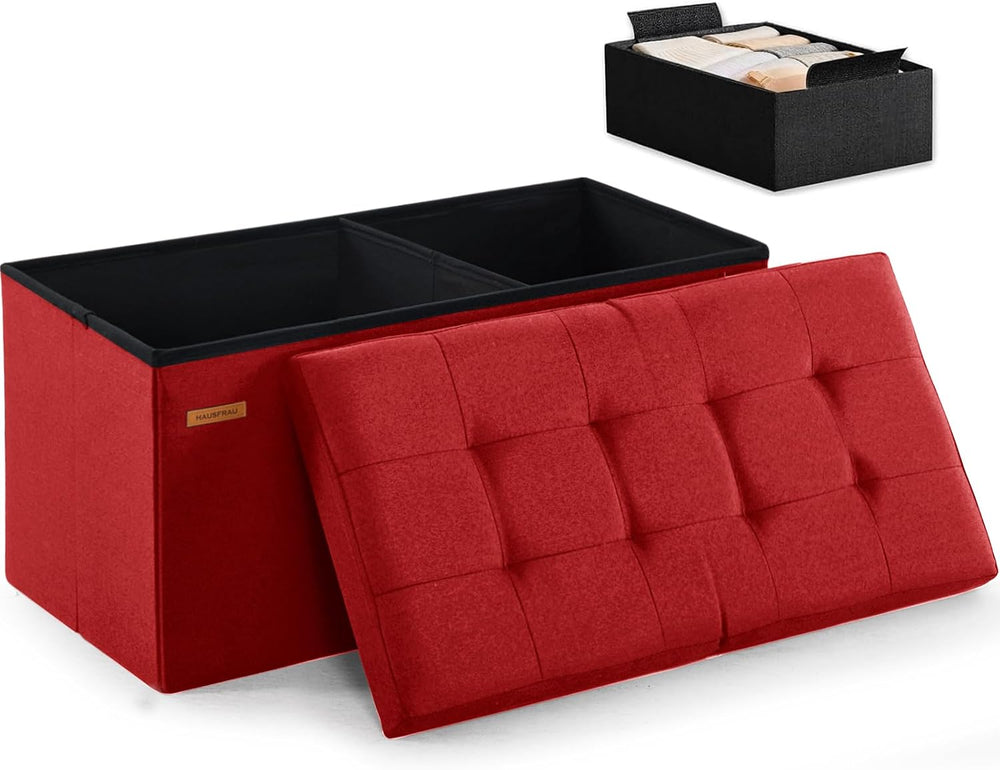 HAUSFRAU Ottoman with Storage Bench Folding Foot Rest Stool Linen Red | 31.5&...