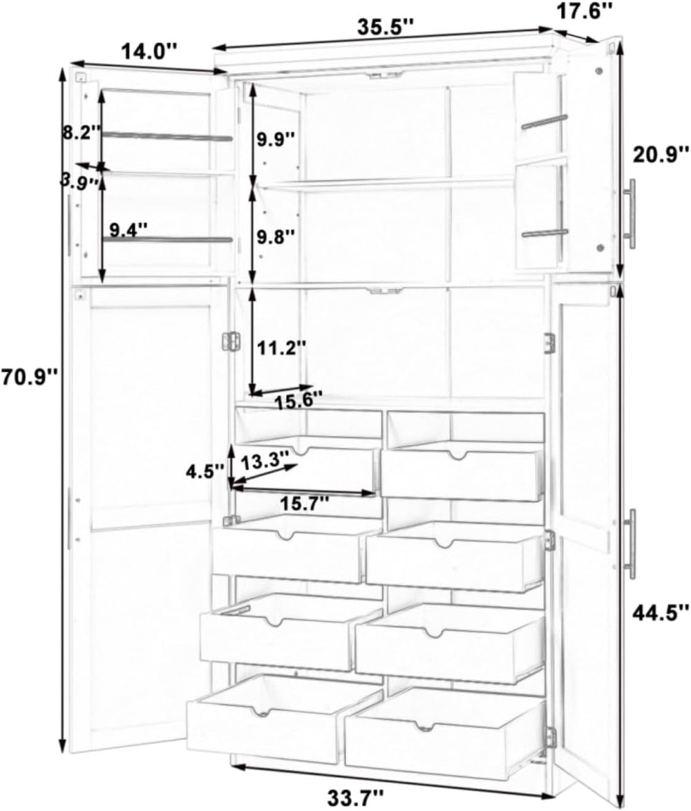 Hassyee 35.5 x 17.6 x 70.9 inch Freestanding Kitchen Pantry Cabinet, Tall Sto...