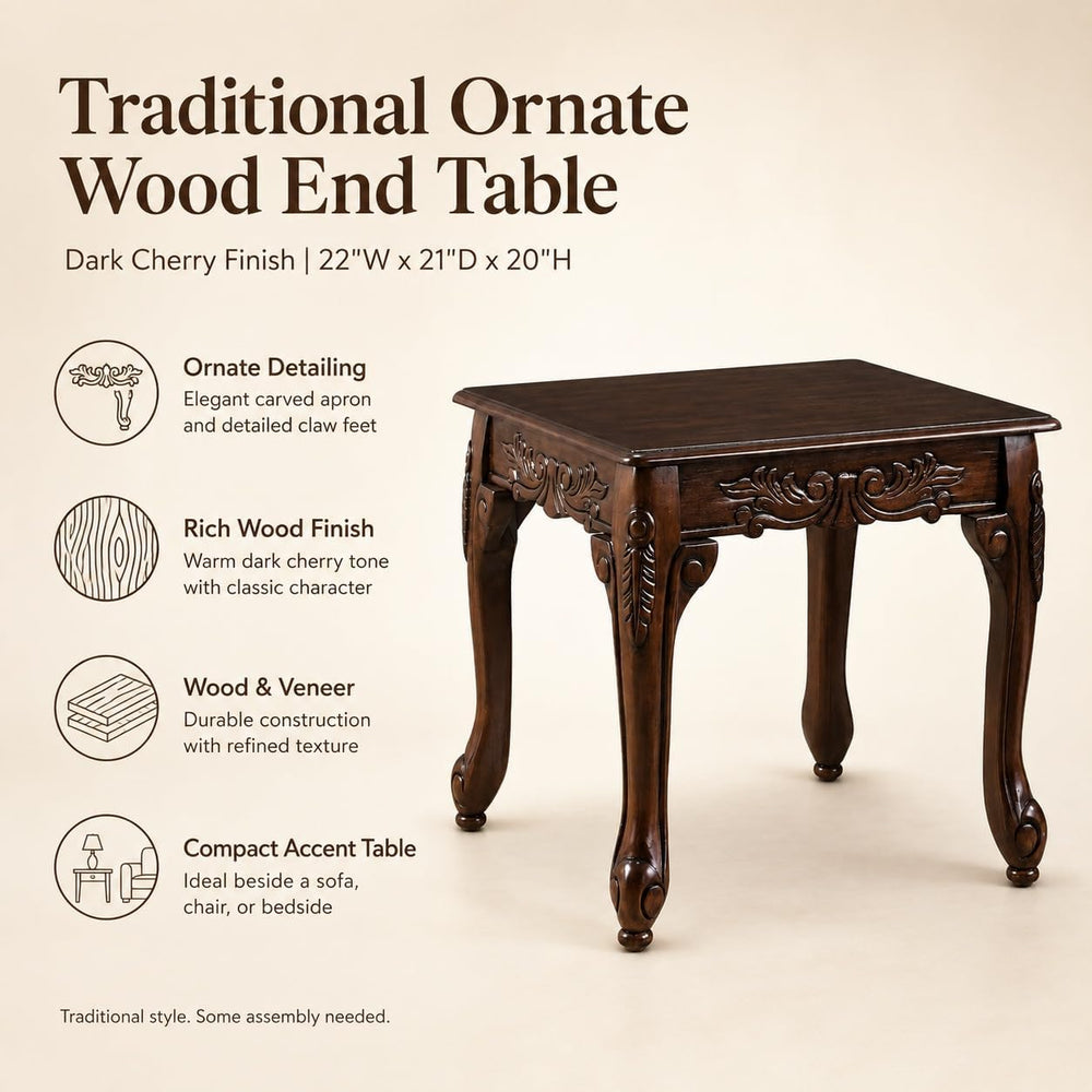 Traditional Dark Cherry Wood End Table with Claw Feet Ornate Vintage Side Tab...