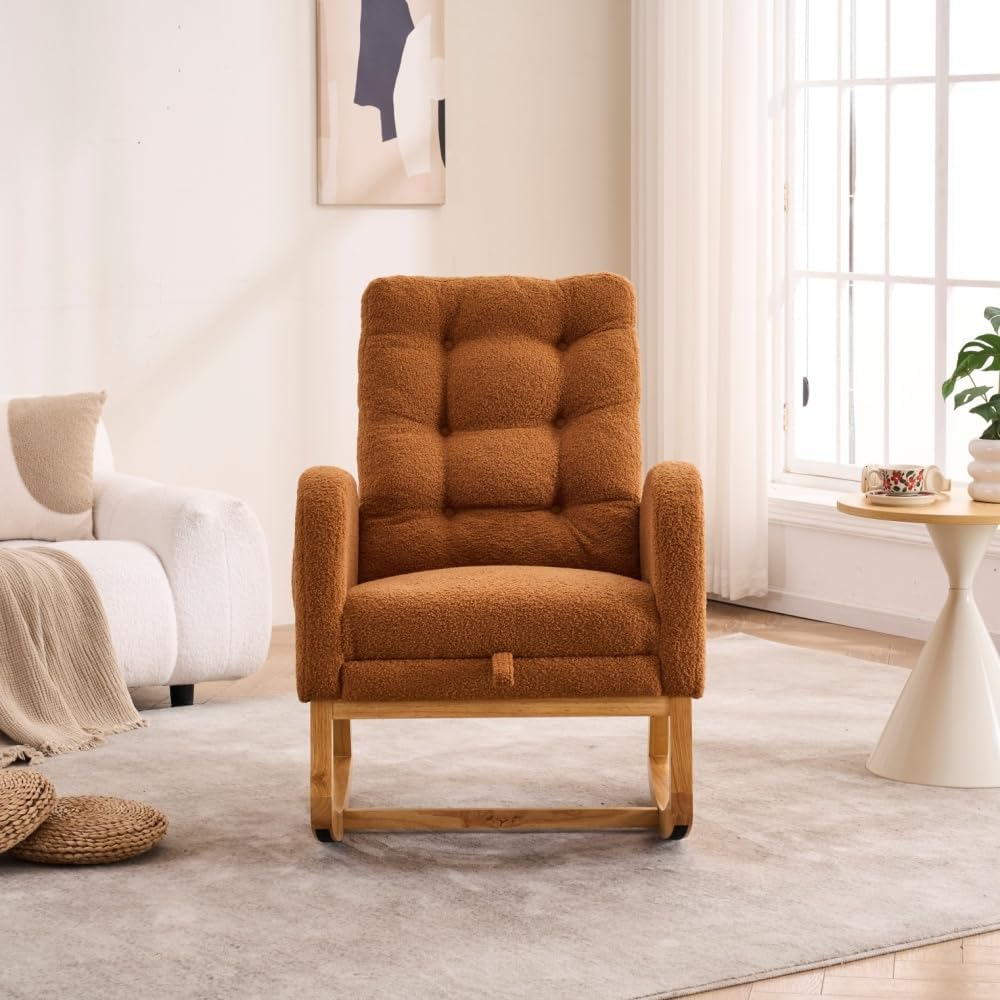 Accent Rocking Chair with Footrest High Back Rubber Wood Rocking Legs Bedroom...