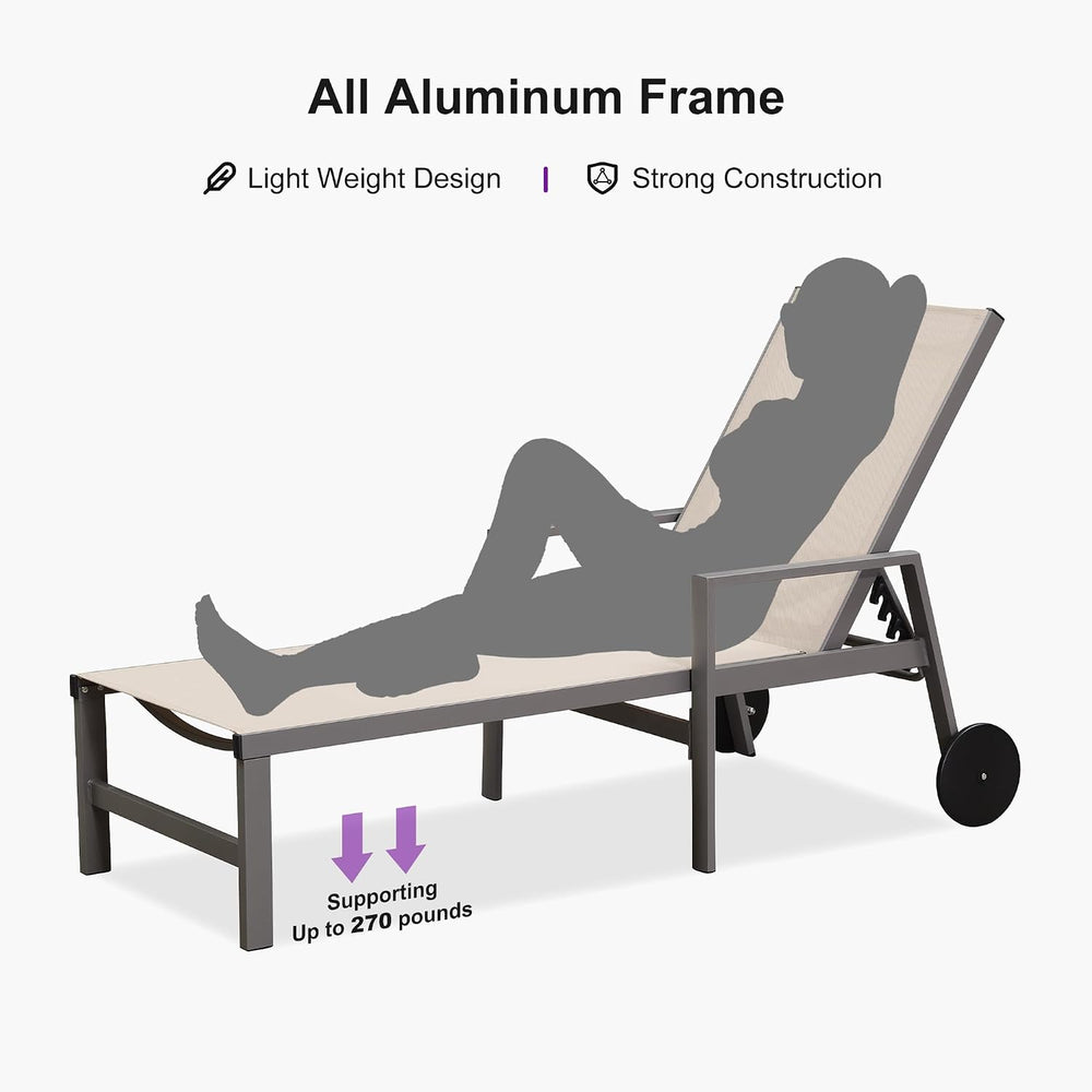 PURPLE LEAF Chaise Lounge Outdoor Set for 2 with Armrest, Khaki | All-aluminu...