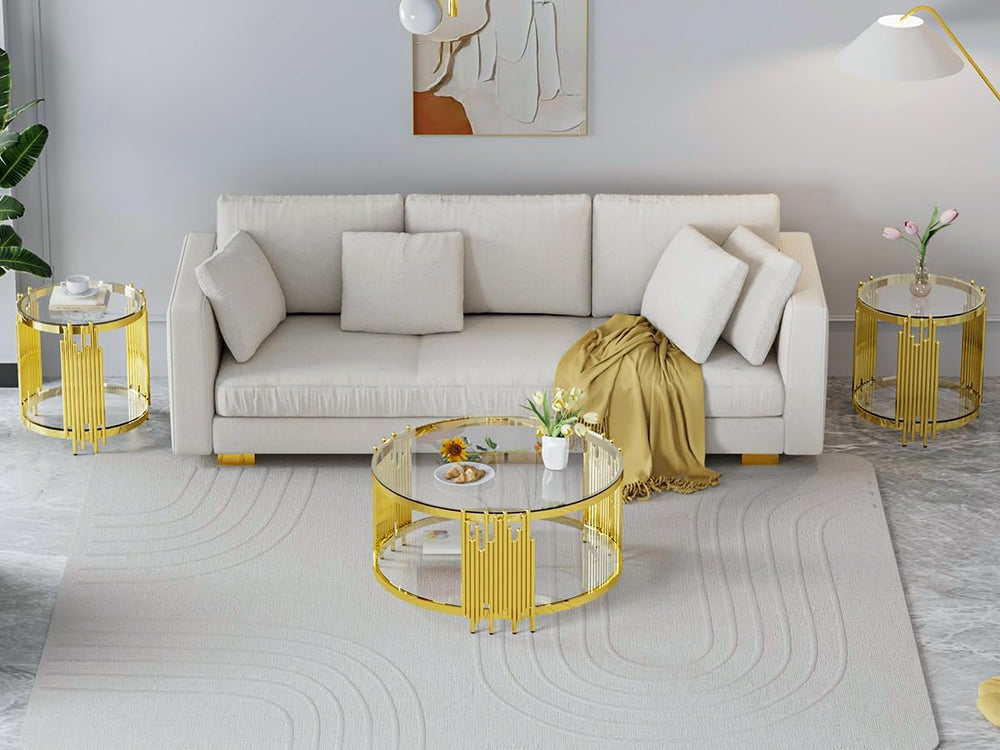 Luxury Gold Round Glass End Table Set of 2, 19.7" Modern Side Table with...